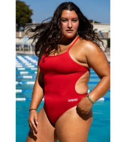 Arena Women's Solid MaxLife Light Drop Back One Piece Swimsuit -Swimming Equipment Store 6609562435752 redmetallicsilver 3a