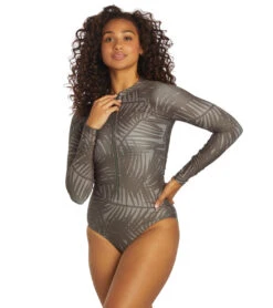 Sporti X Stef Corgel Manhattan Beach Palm Shadow Zip Front Long-Sleeve One Piece Swimsuit -Swimming Equipment Store 7360963903656 blacksand 4a