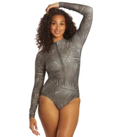 Sporti X Stef Corgel Manhattan Beach Palm Shadow Zip Front Long-Sleeve One Piece Swimsuit -Swimming Equipment Store 7360963903656 blacksand 5a
