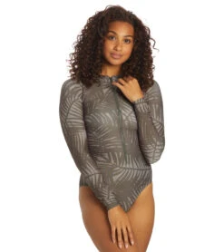 Sporti X Stef Corgel Manhattan Beach Palm Shadow Zip Front Long-Sleeve One Piece Swimsuit -Swimming Equipment Store 7360963903656 blacksand 6a
