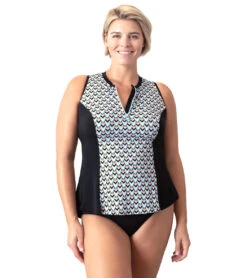 Women's Plus Size Geomatic Zip Sleeveless Swim Shirt